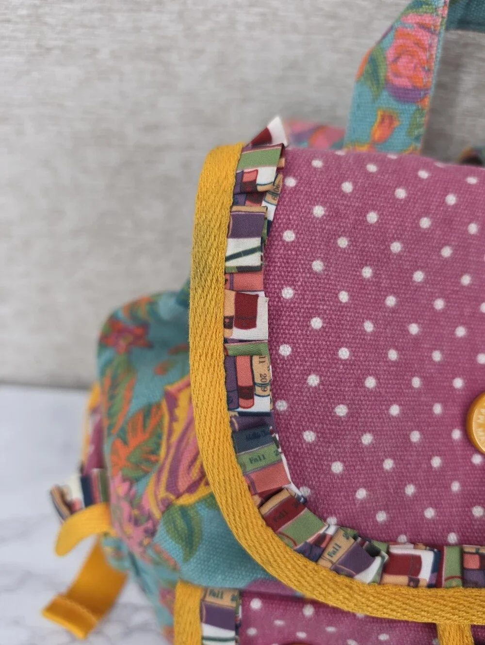 Matilda Jane Girls With Me Mini Backpack Teal Floral with Pink Polka Dot Flap